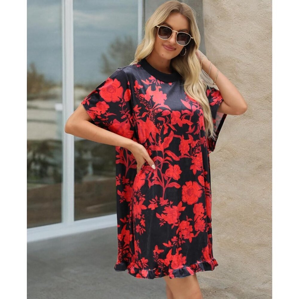 Women's Red Vintage Velvet Dress Mini Floral Printed Short Sleeve - Picture 7 of 7